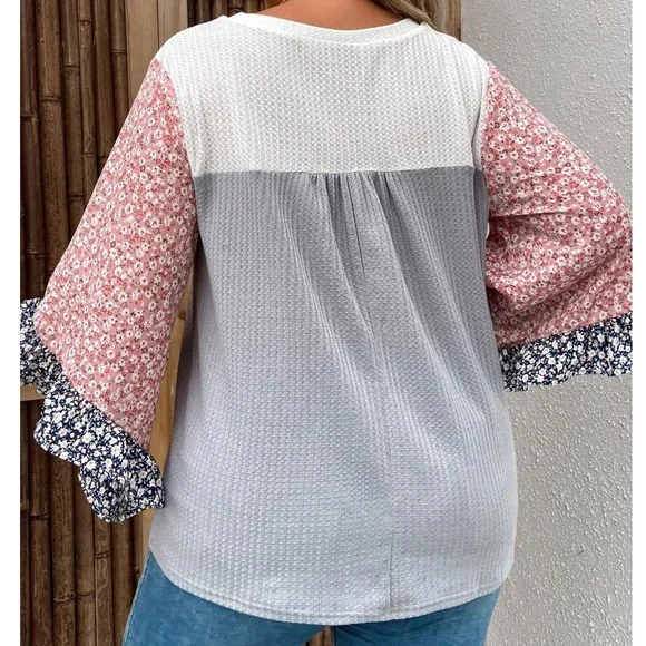 Plus Floral Print Waffle Knit 3/4 Ruffle Sleeve Top - Picture 4 of 8